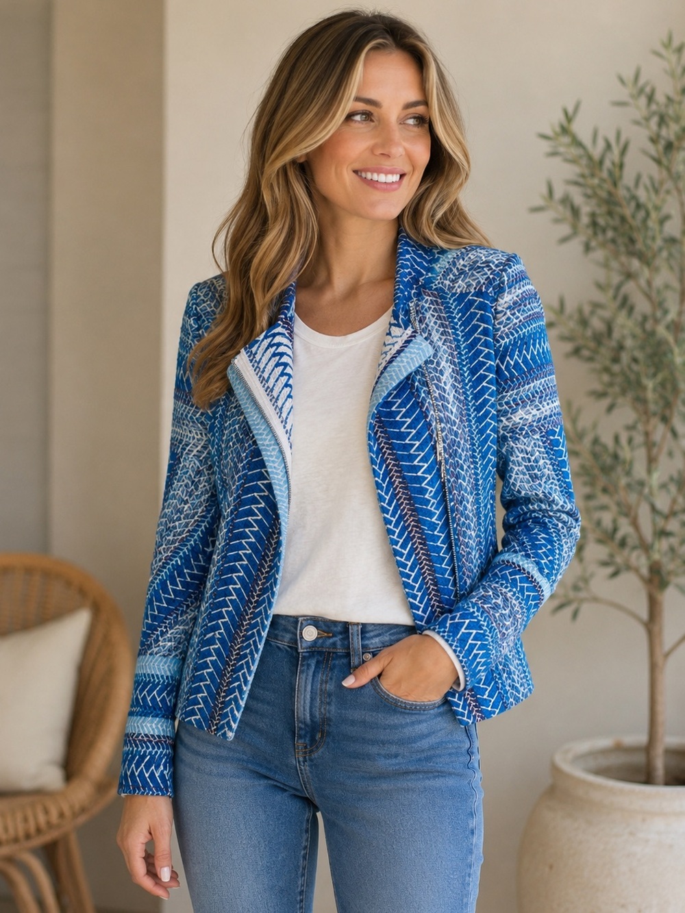 IRO Ozaka 15S Blue White Jacquard Moto Jacket Size 36 US 4